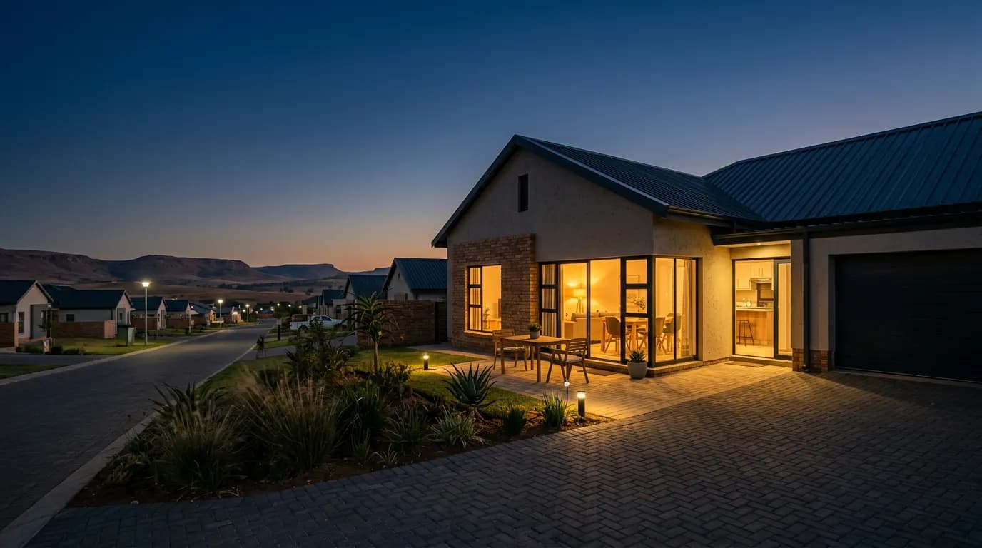 New home at dusk in a Kwantu Homes development