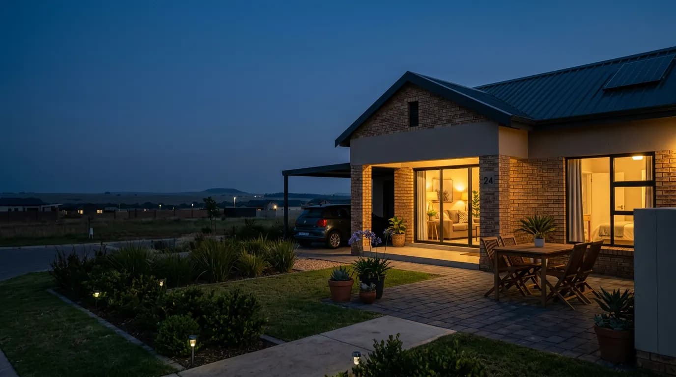New home at dusk in a Kwantu Homes development