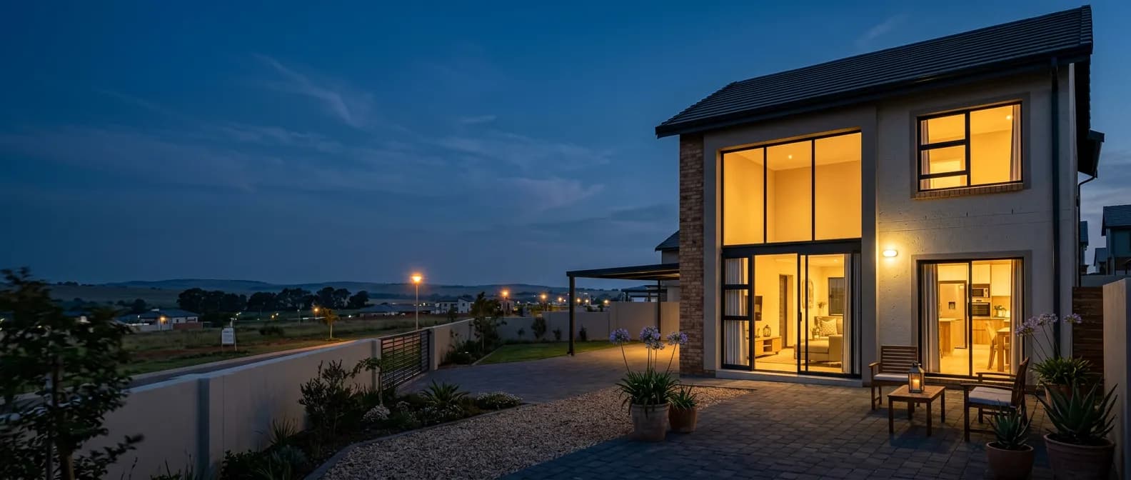 New home at dusk in a Kwantu Homes development