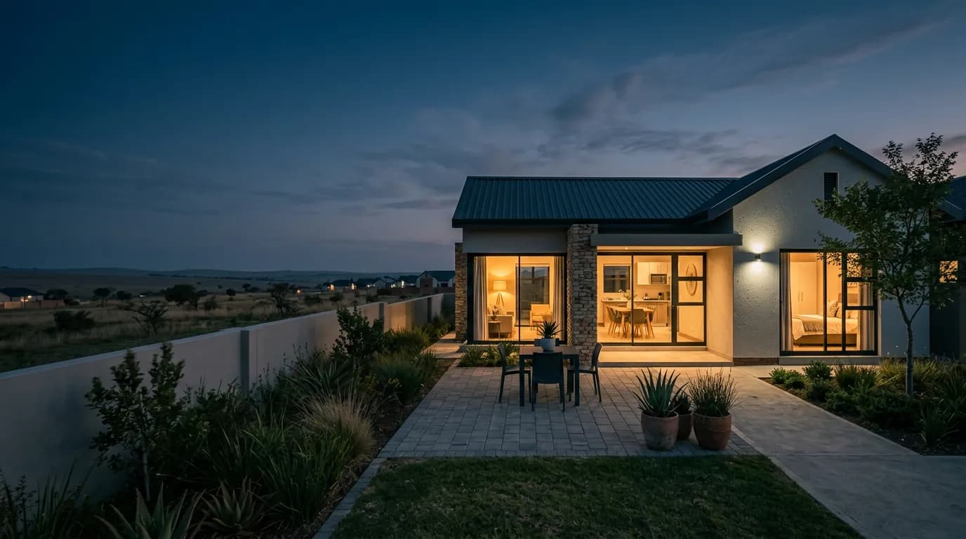 New home at dusk in a Kwantu Homes development