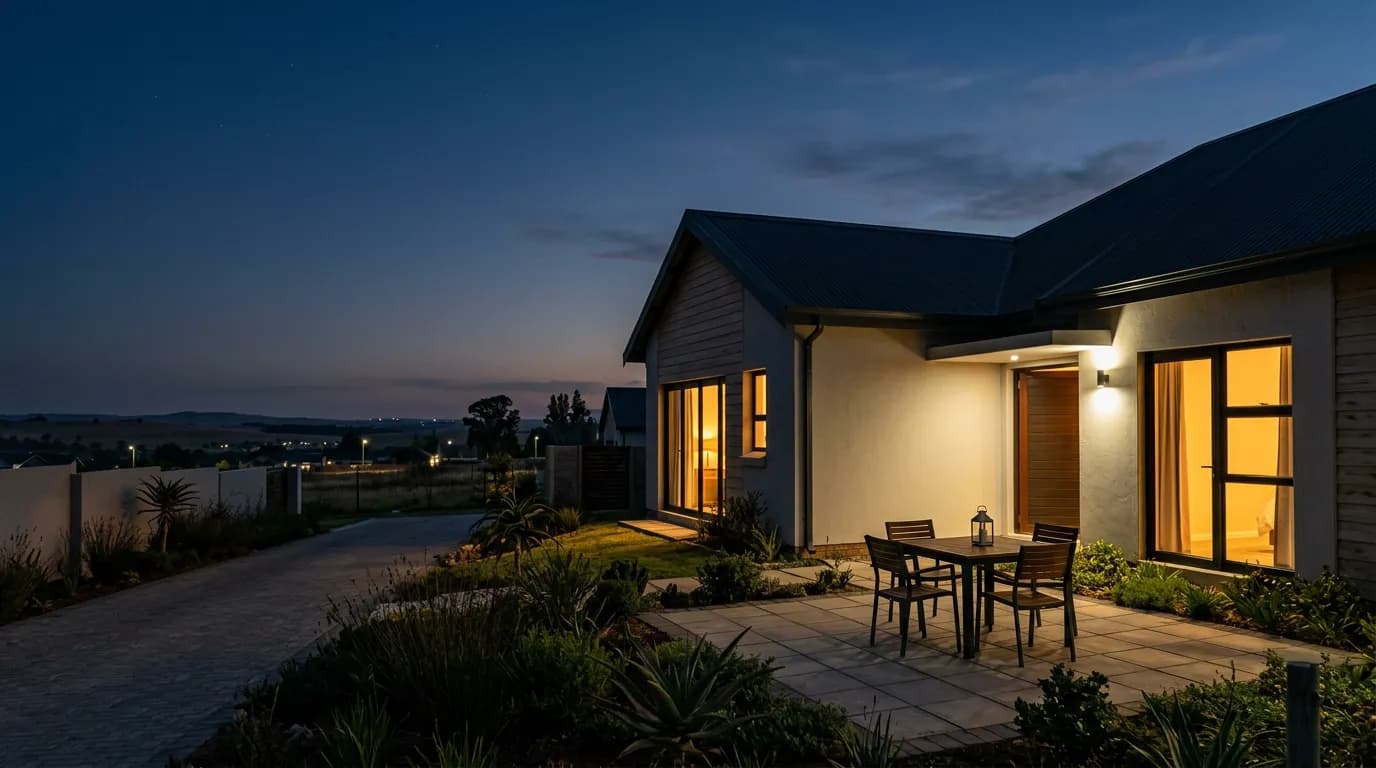 New home at dusk in a Kwantu Homes development