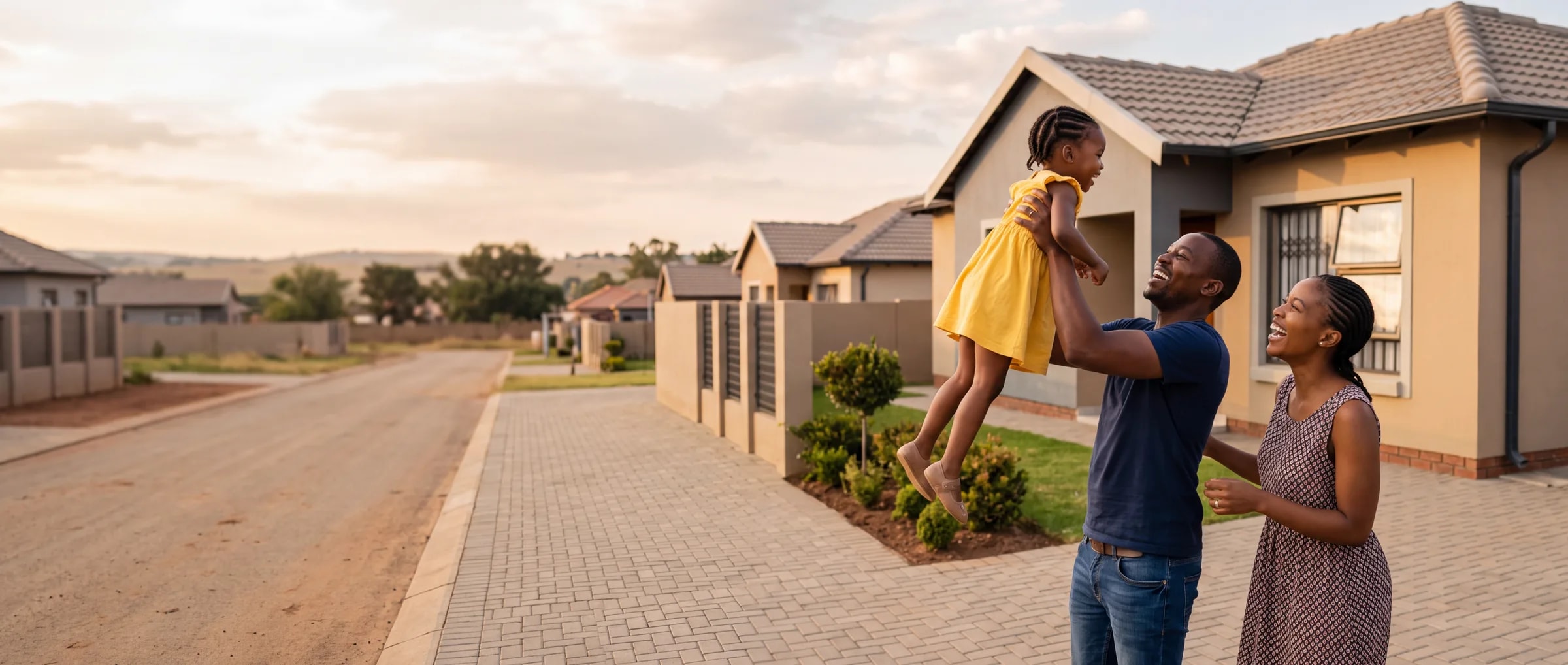 A family outside their new home in a Kwantu development at sunset