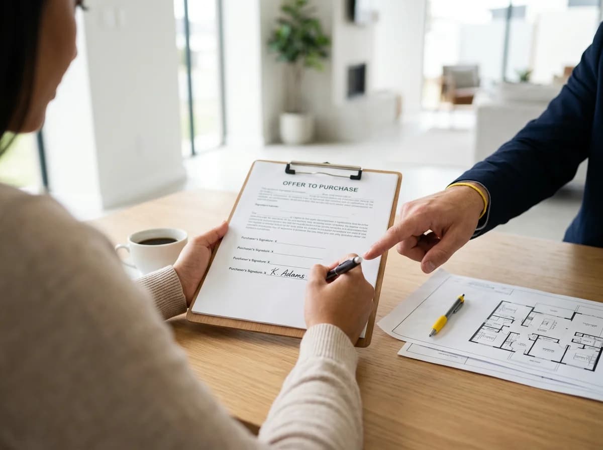 Buyer signing an offer to purchase with the agent pointing to the signature line