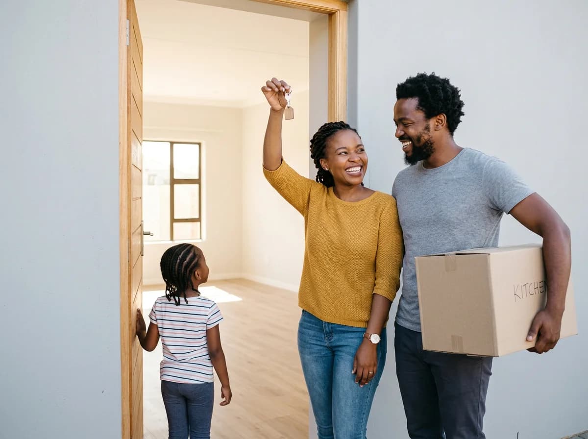 Family holding up their new keys at the front door on moving day
