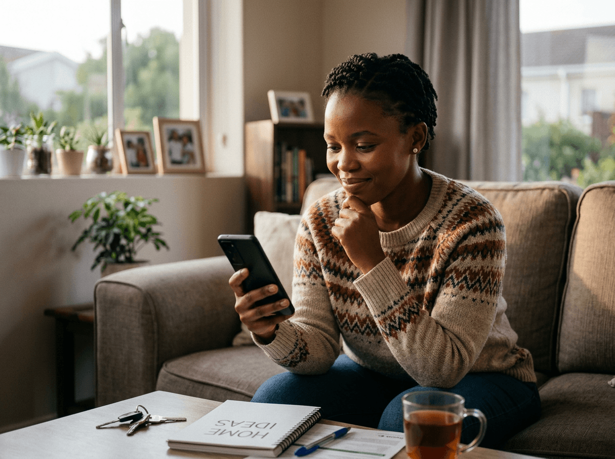 South African first-time buyer reviewing her pre-approval certificate on her phone