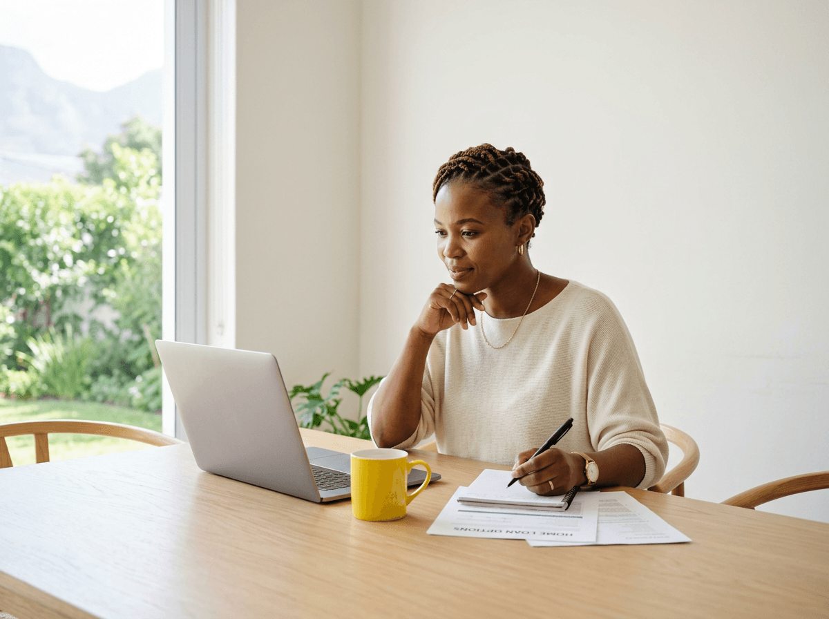 South African homeowner reviewing extra bond payment options to pay off her home loan faster