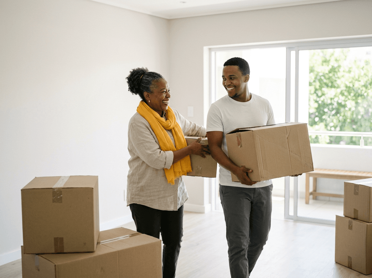 South African parent helping her adult child move into a home she helped fund