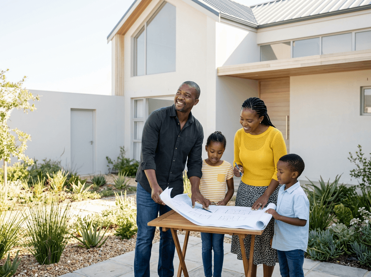 South African family comparing architectural plans against a finished new development home
