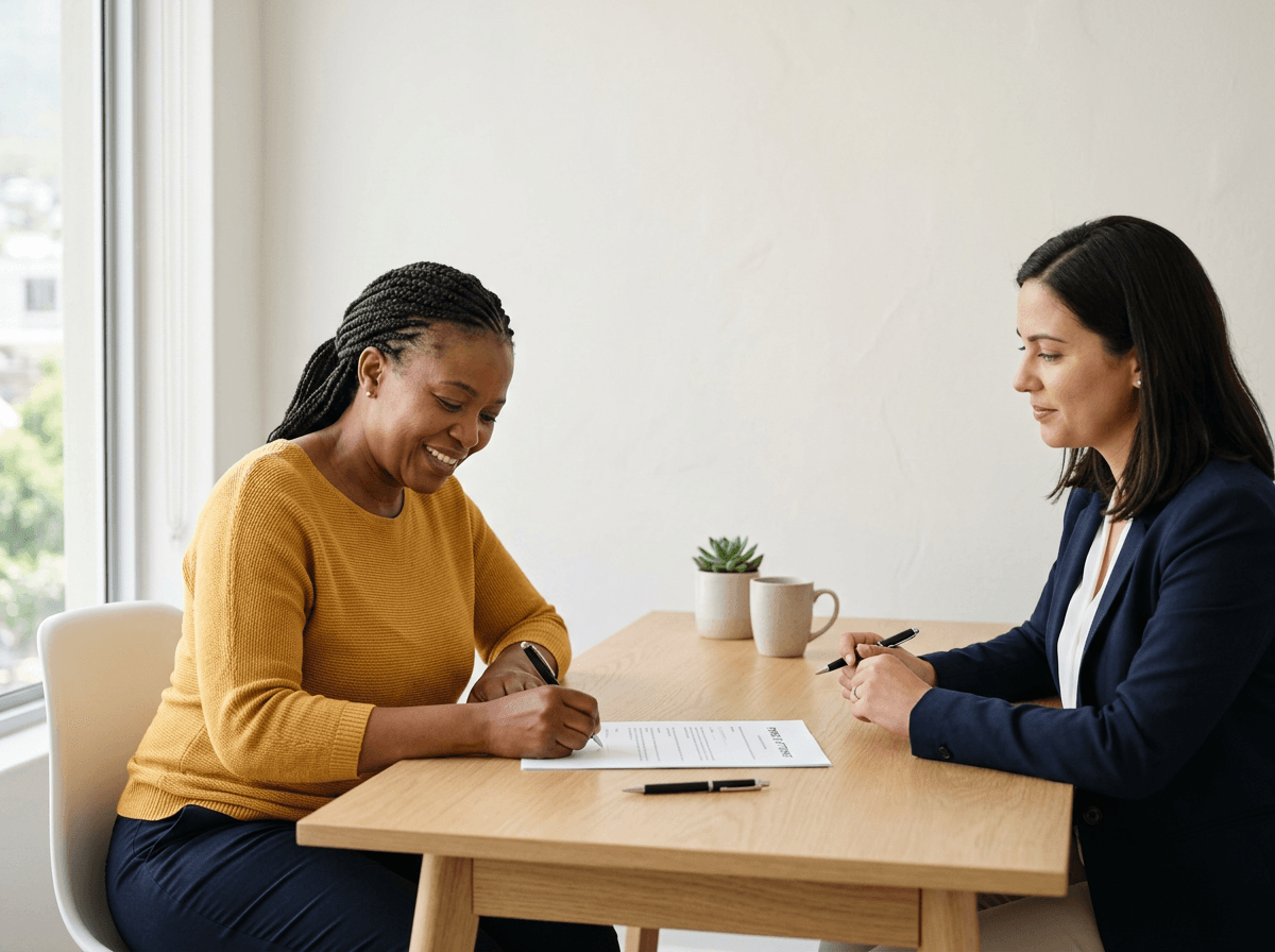 South African buyer signing a power of attorney document with a conveyancing attorney
