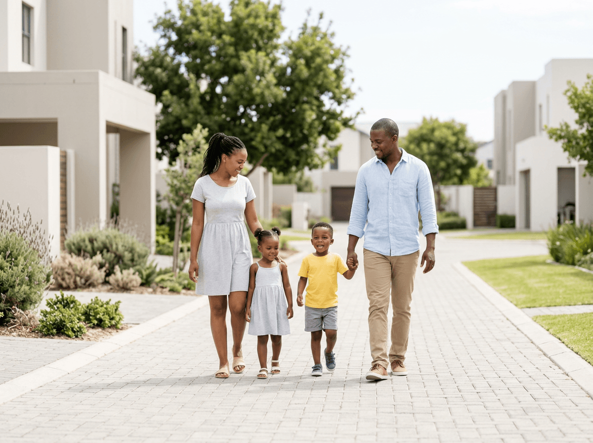South African family walking through their secure estate neighbourhood