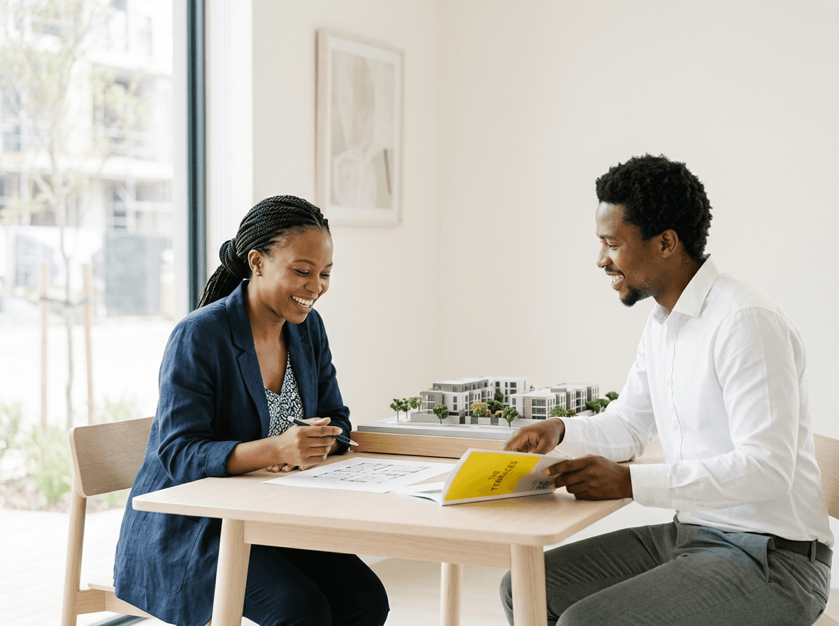 South African buyer discussing a new development purchase with a developer's sales consultant