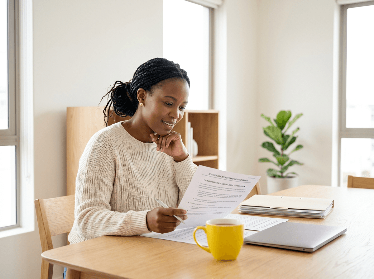 South African homeowner reviewing capital gains tax details before selling her first home