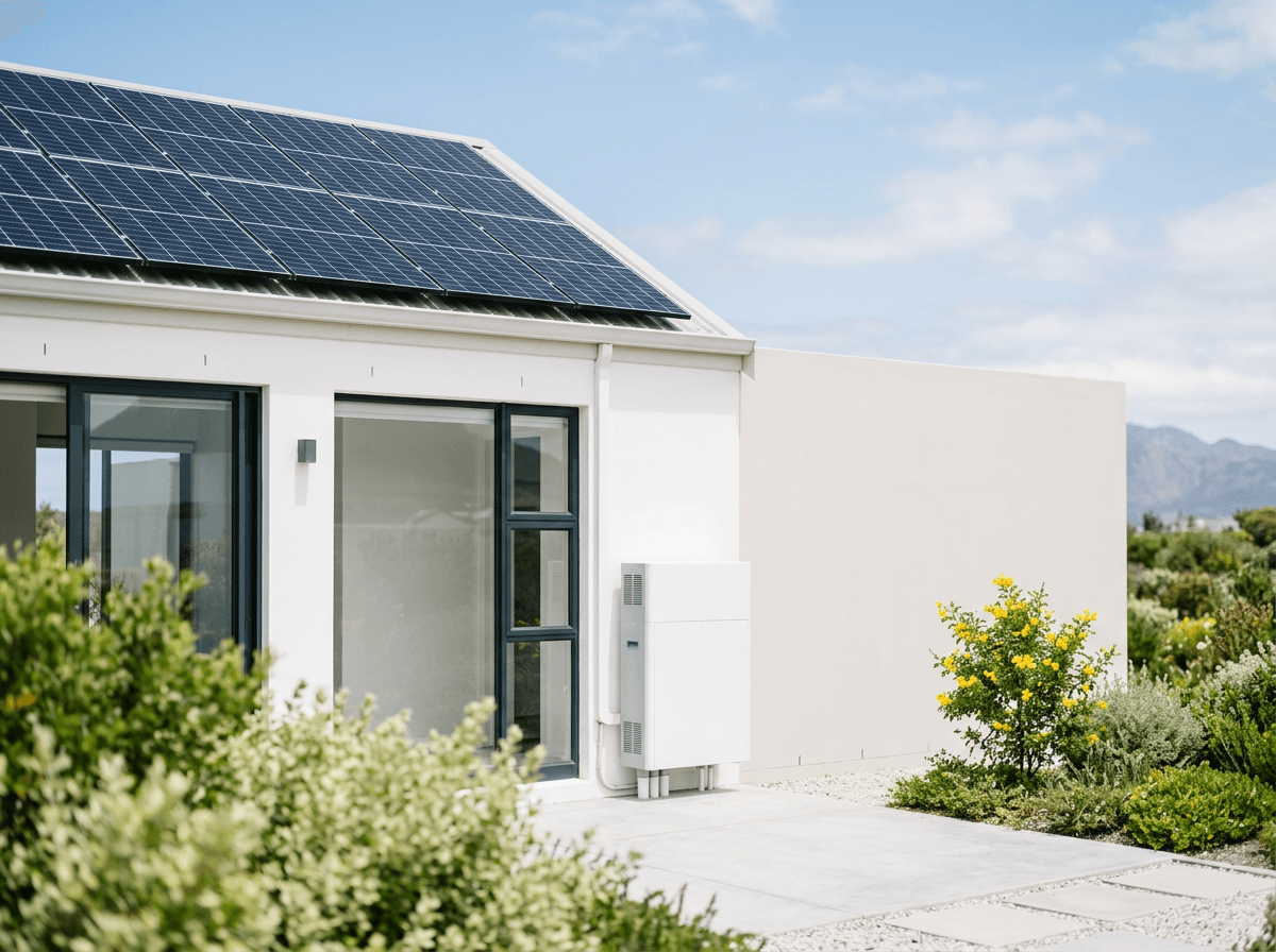 South African home with rooftop solar panels and battery backup installation