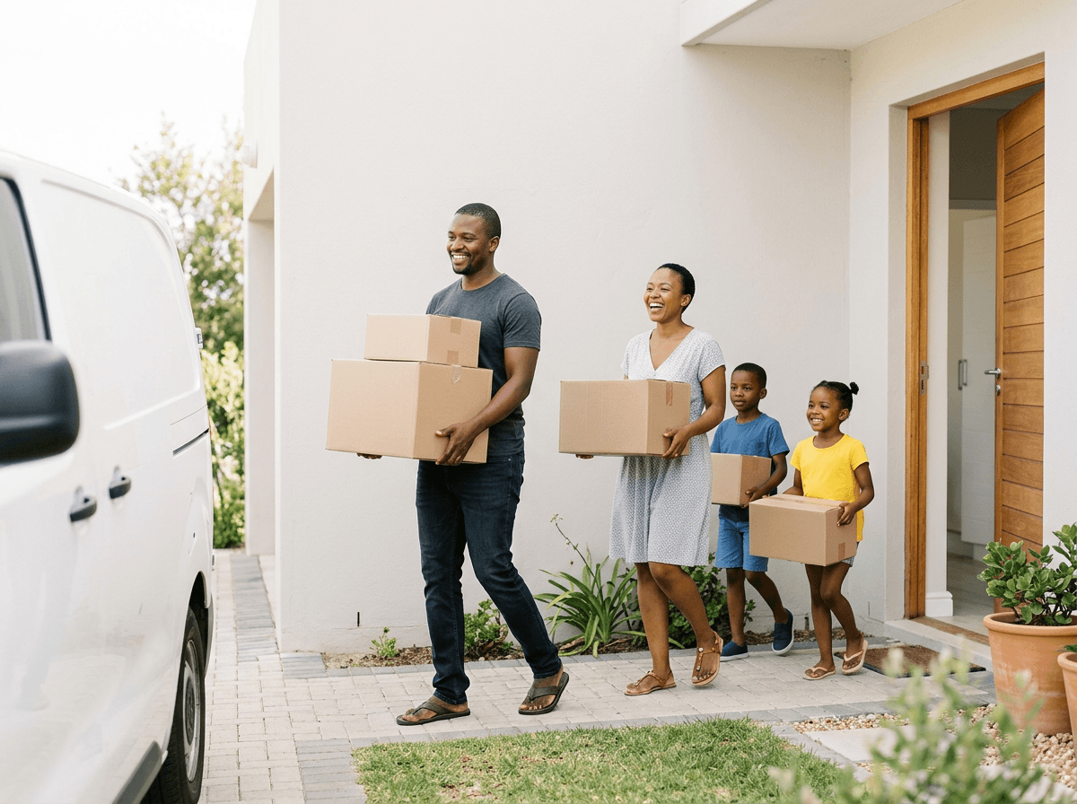 South African family carrying boxes into their new home on moving day