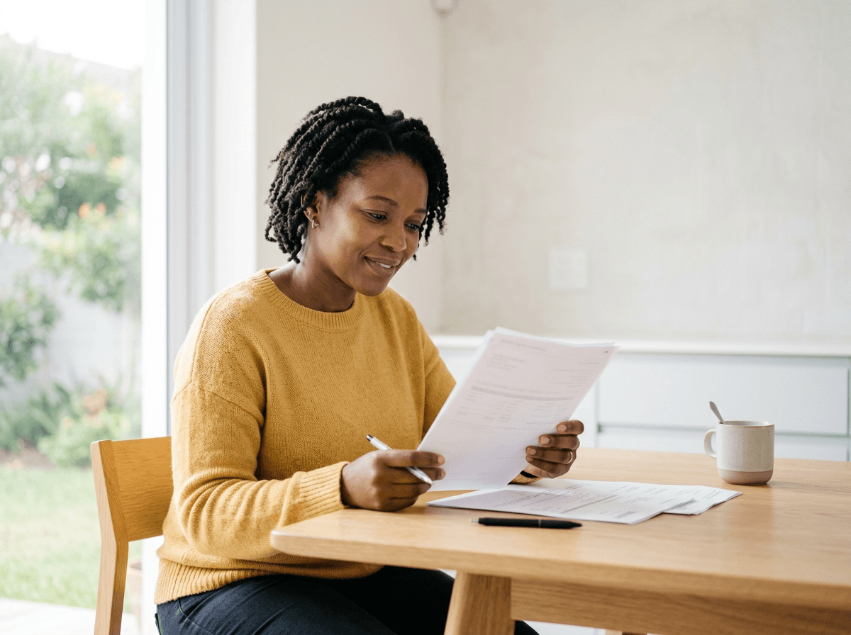 South African homeowner reviewing her monthly bond statement at the kitchen table