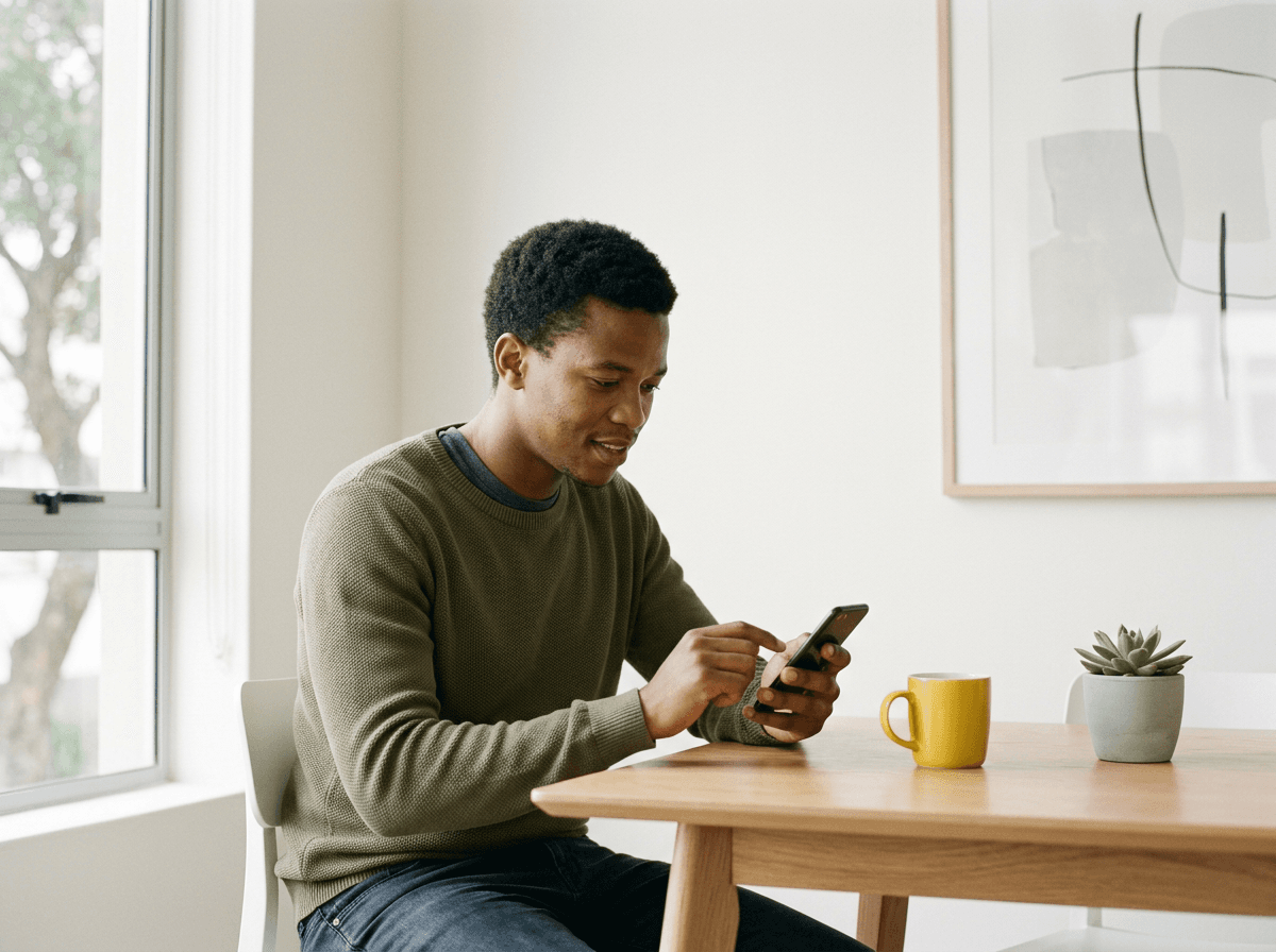 South African first-time buyer checking his phone for home loan approval news