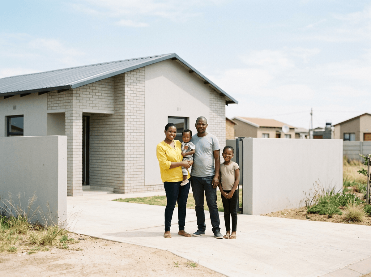 Family standing outside their new home in Soshanguve, Pretoria North