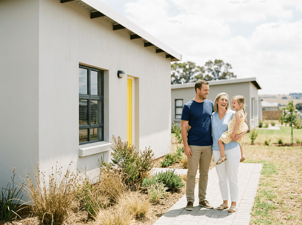 Family standing outside their new home in Sebokeng, Vaal