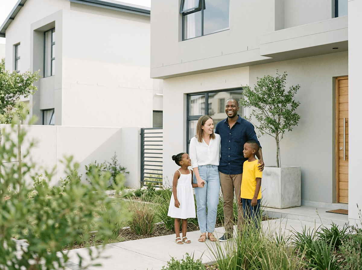 Family standing outside their new home in Alexandra, minutes from Sandton