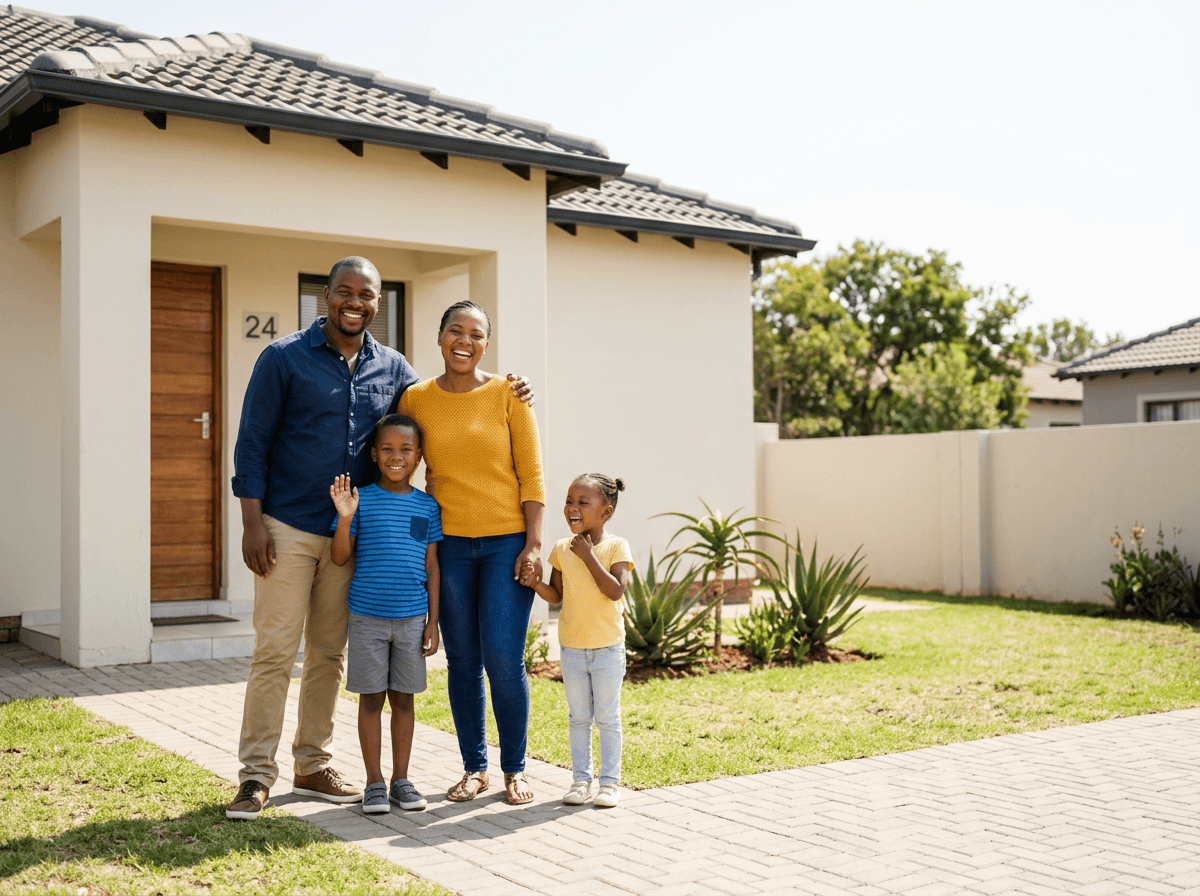 Family standing outside their new home in Kagiso, Mogale City