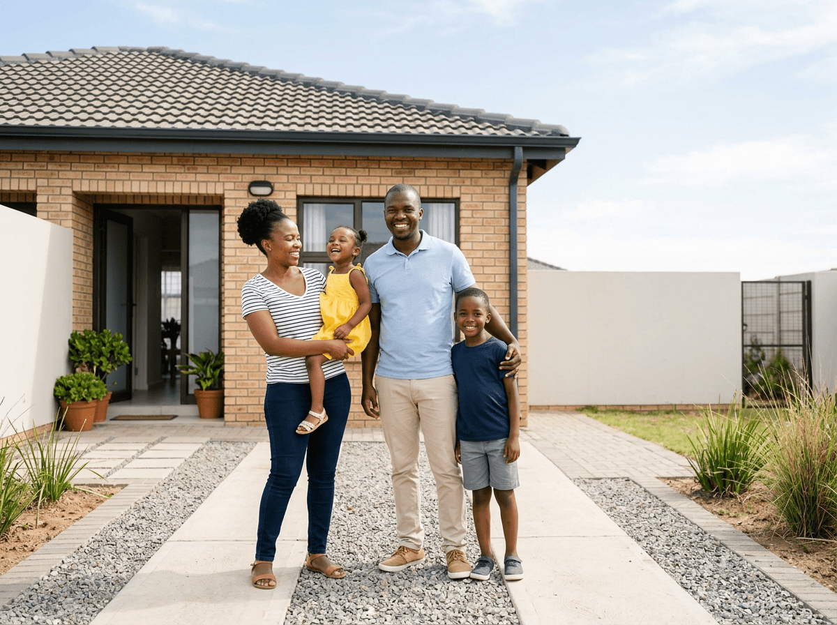 Family standing outside their new home in Vosloorus, Ekurhuleni