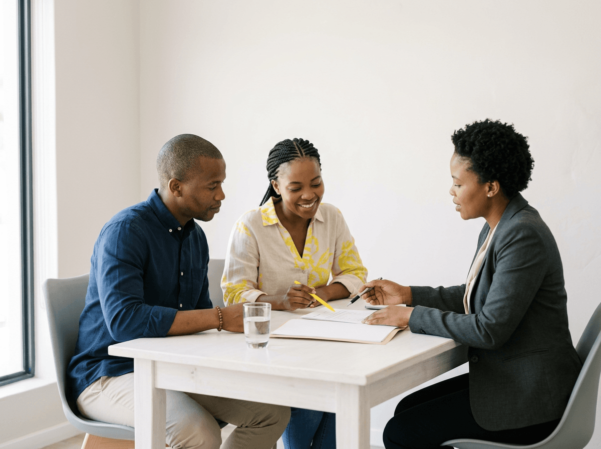 South African couple reviewing home loan insurance documents with a financial advisor