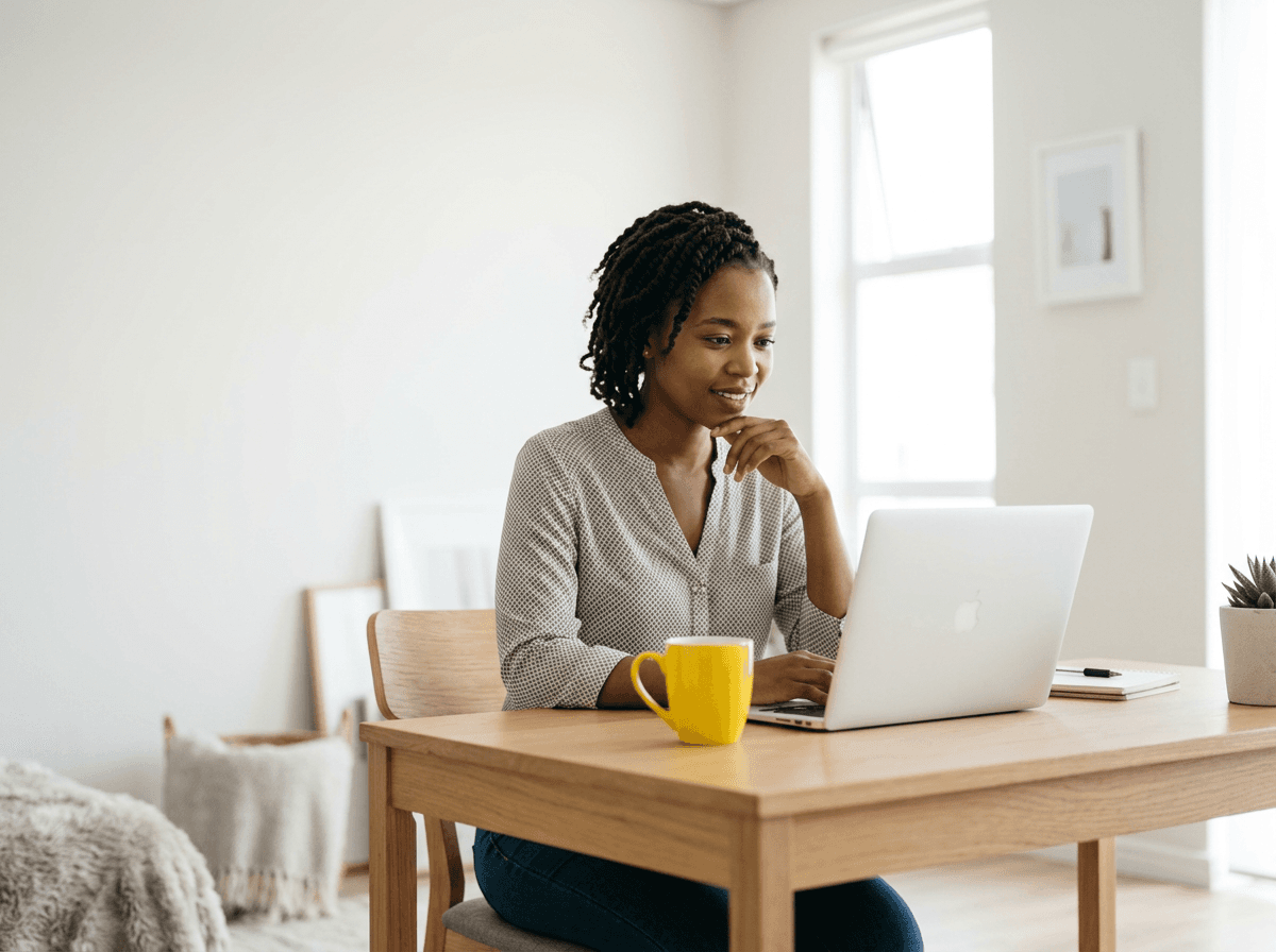 South African first-time buyer comparing home loan offers from a bond originator on her laptop