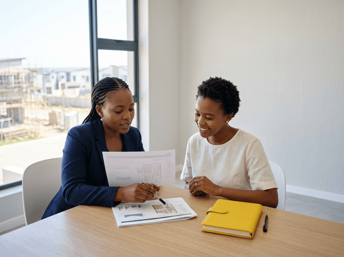 South African buyer reviewing a new development specification schedule with a sales consultant