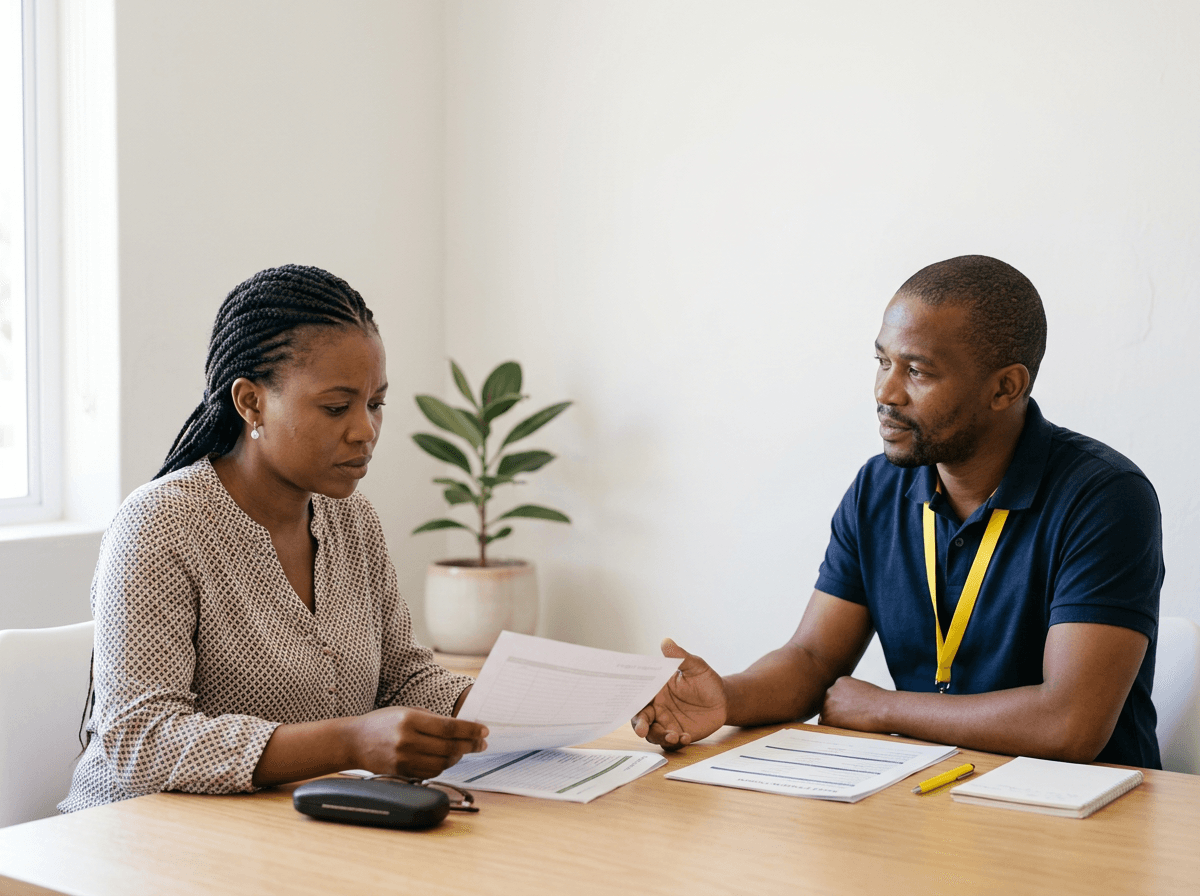 outh African homeowner reviewing bond repayment options with a debt counsellor after a missed payment