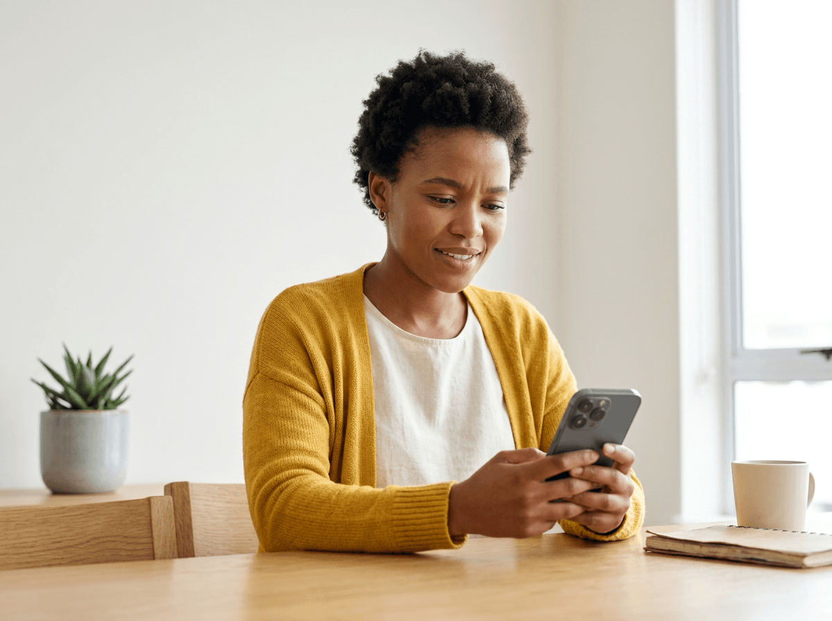 South African first-time buyer checking her credit score on her phone before applying for a home loan
