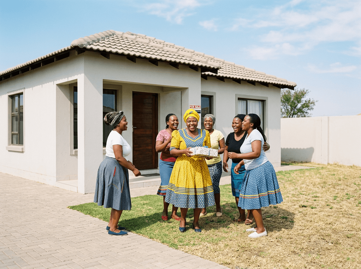 South African stokvel group members celebrating outside a newly purchased home