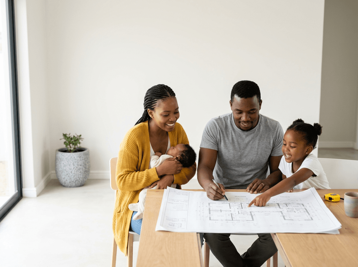 South African family viewing architectural plans for their new off-plan home