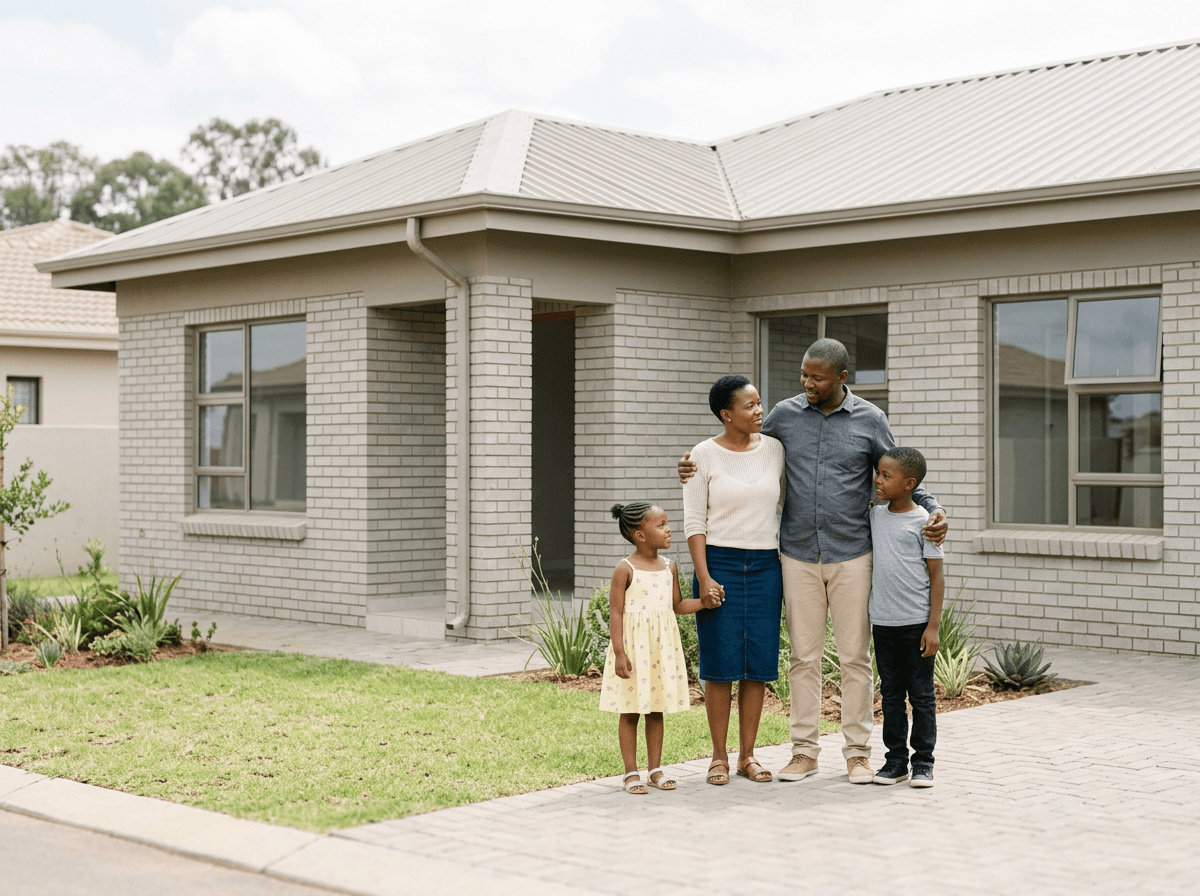 Family standing outside their new home in Tembisa, Ekurhuleni