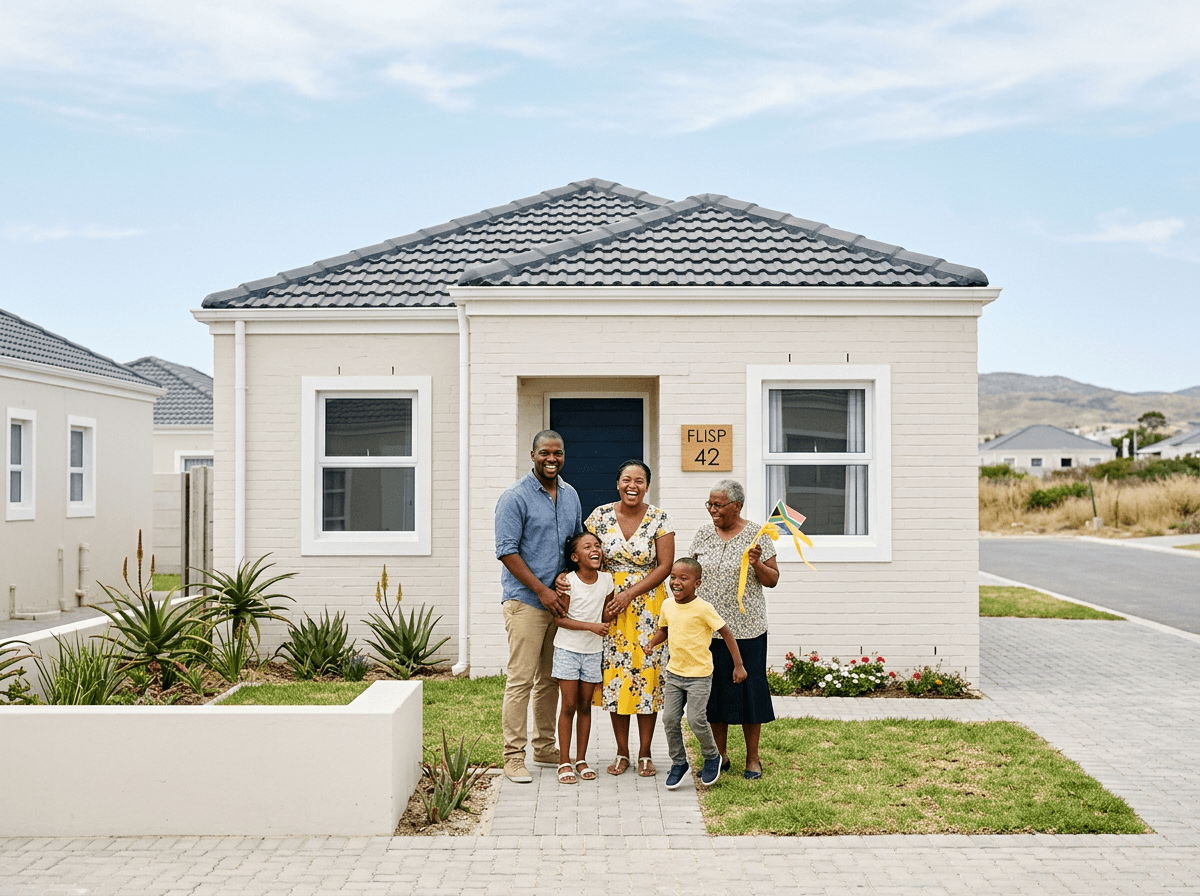 South African family celebrating outside their first home bought using the FLISP subsidy