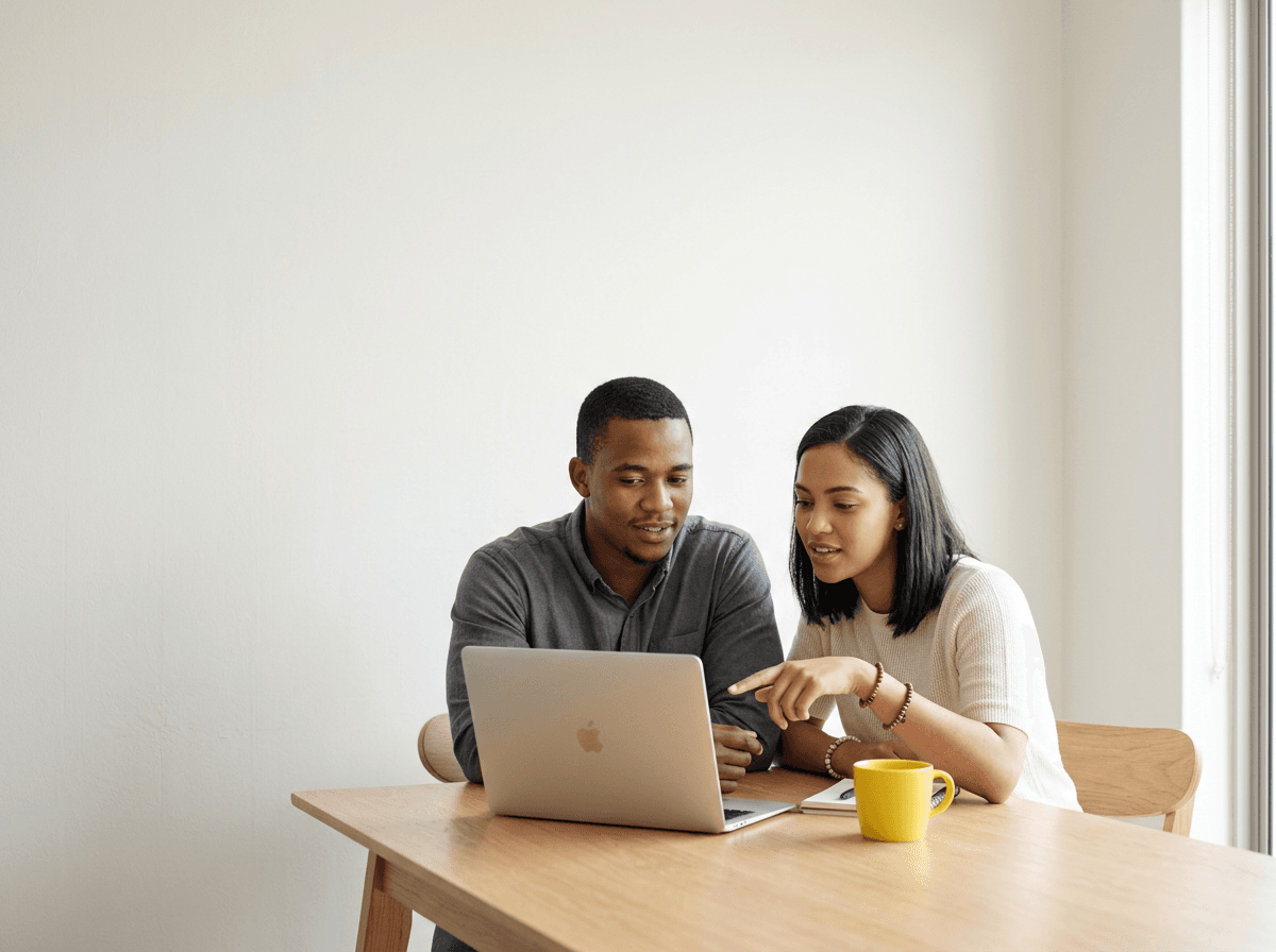 South African couple comparing rent and bond repayment costs on a laptop at home