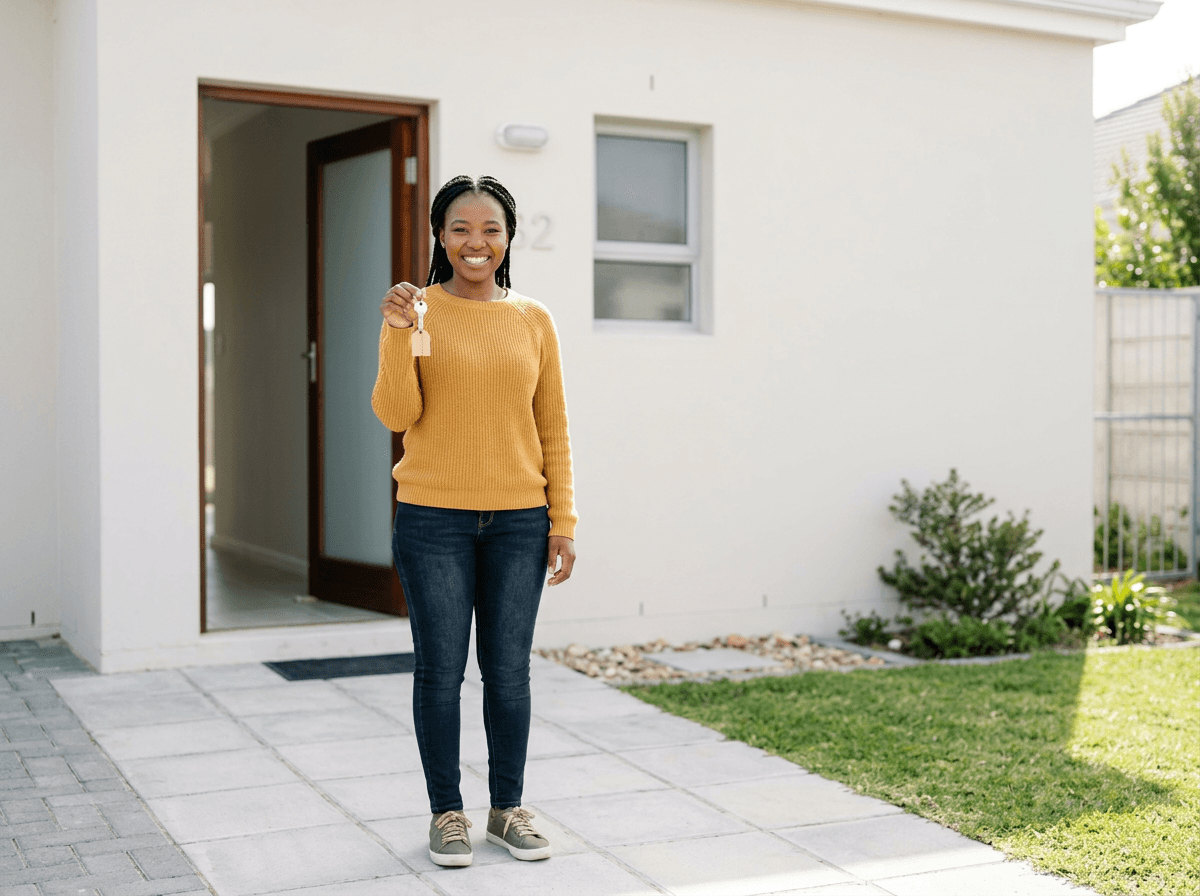 South African first-time home buyer holding house keys outside new home with no deposit paid