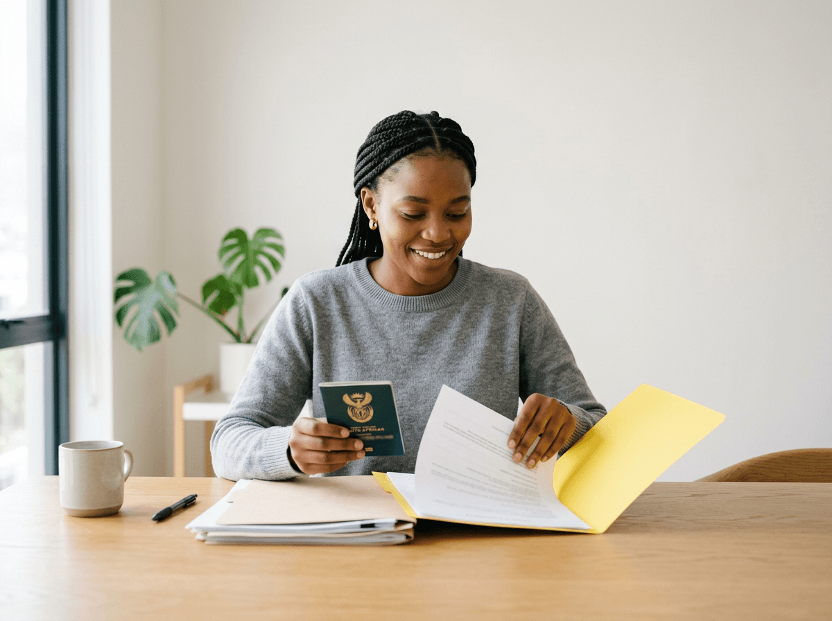 South African first-time home buyer organising paperwork and ID documents for a home loan application
