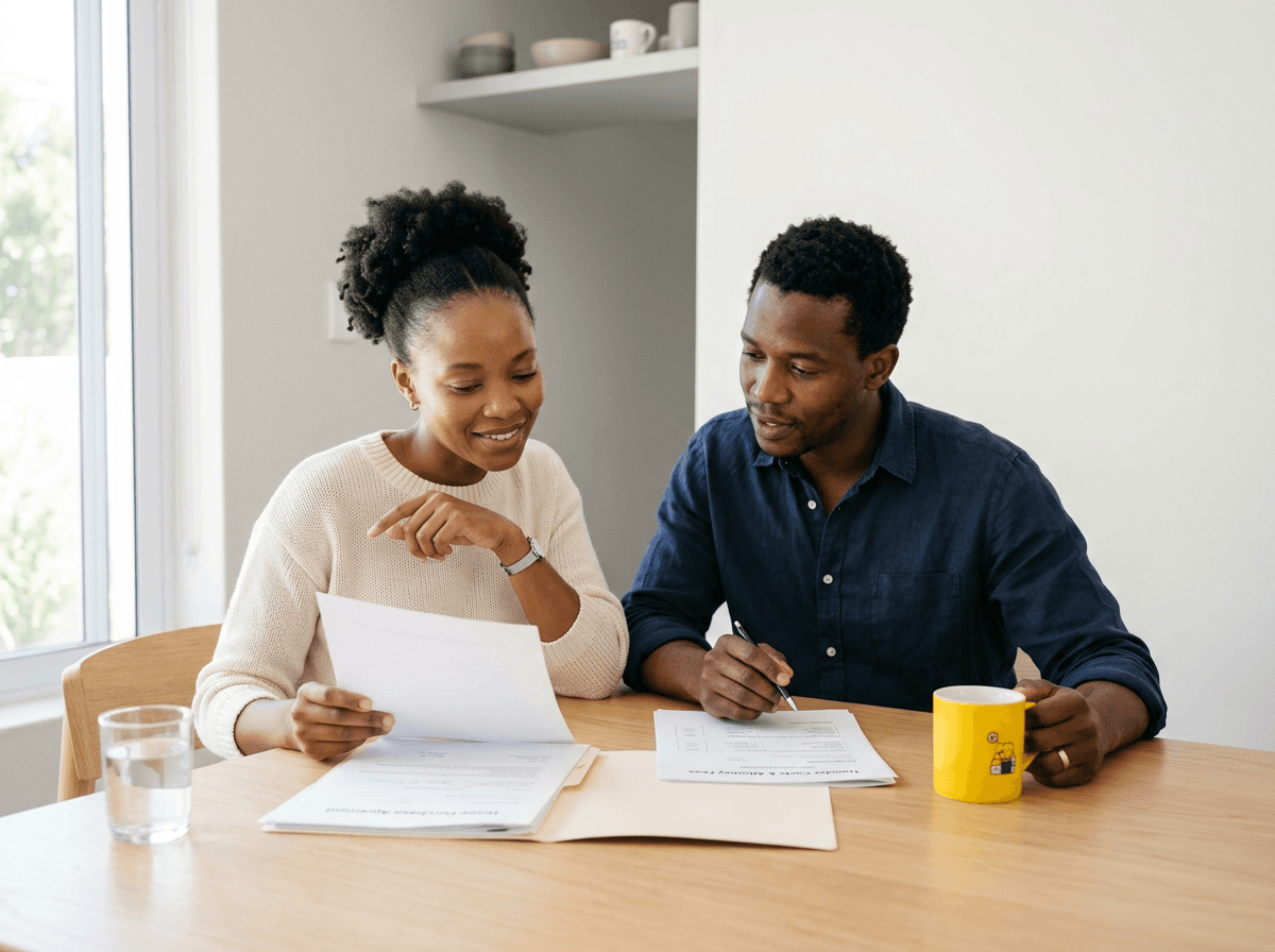 South African couple reviewing transfer costs and attorney fees documents for their new home