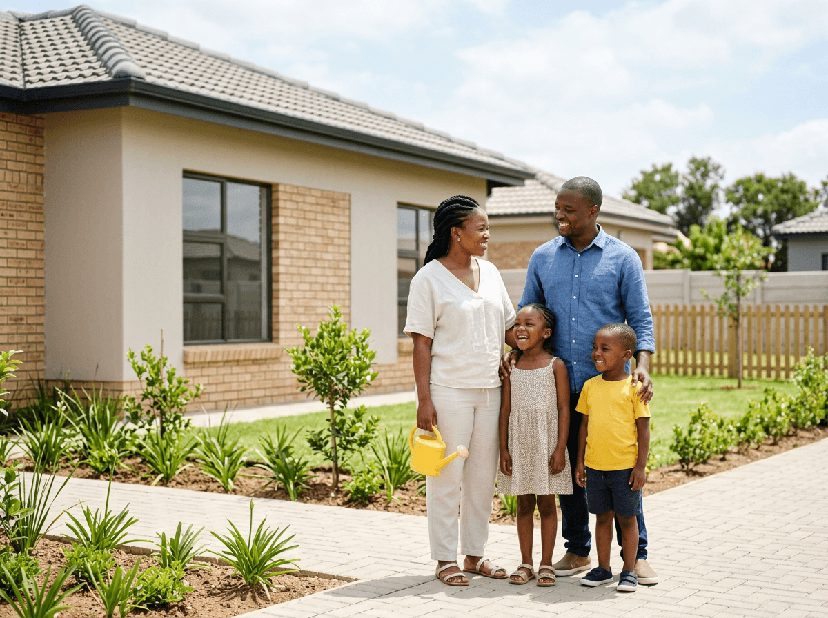 Family standing outside their new home in Protea Glen,