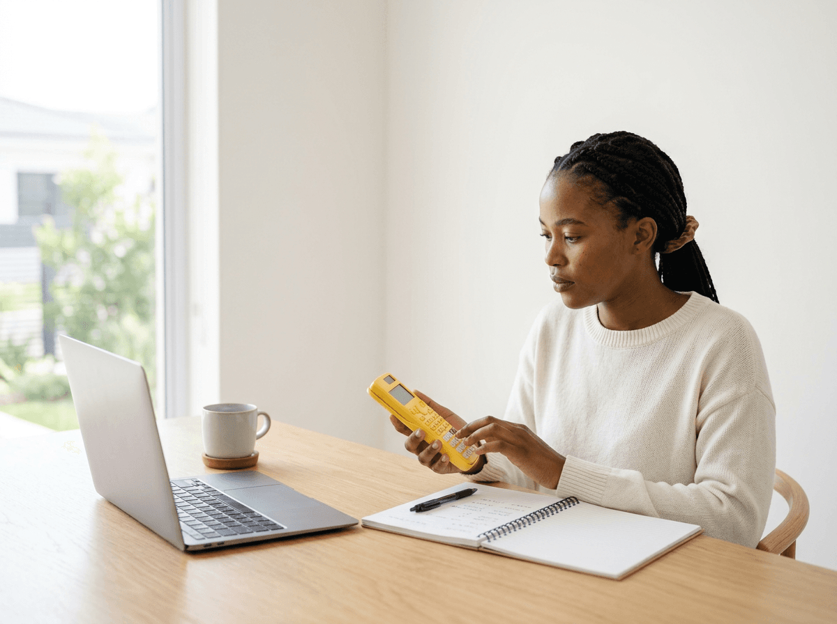 South African woman reviewing her salary and home loan affordability on a calculator