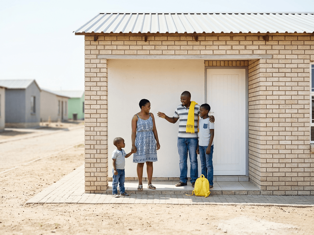 Family standing outside their new home in Mamelodi East, Pretoria