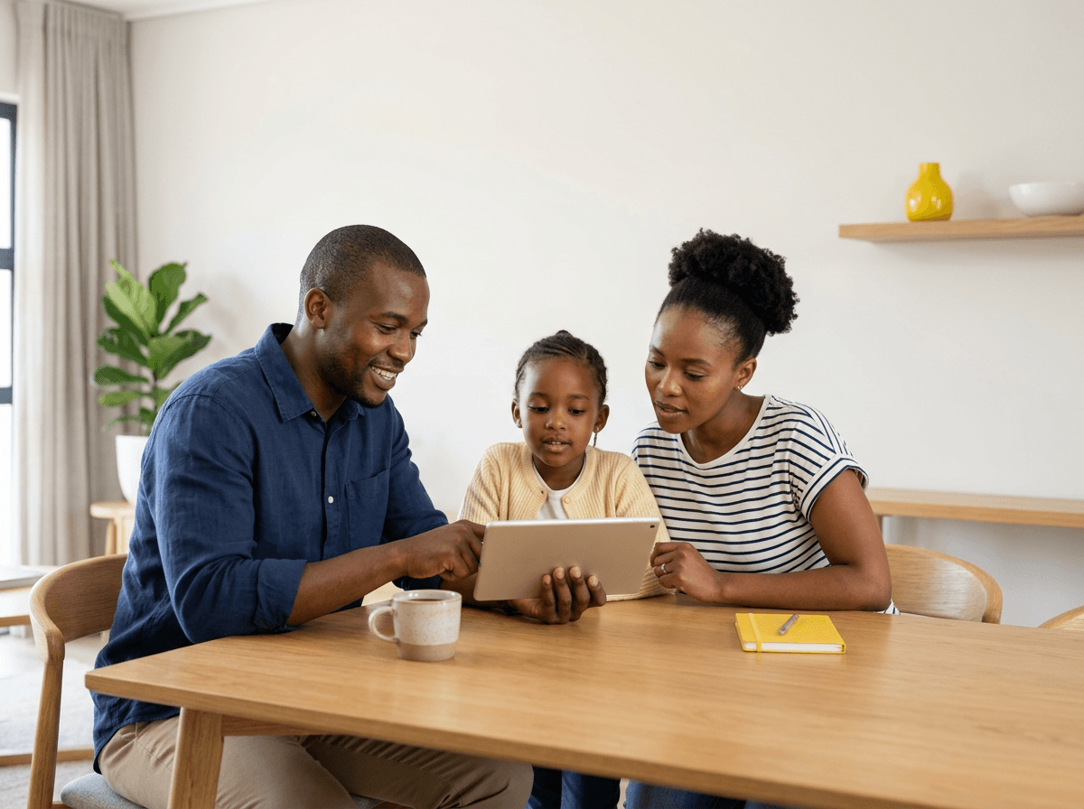 South African family comparing a new development home and a resale home on a tablet