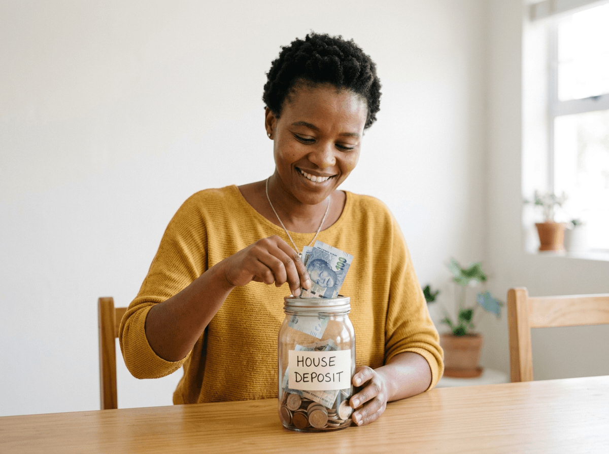 South African woman putting money into a savings jar labelled house deposit
