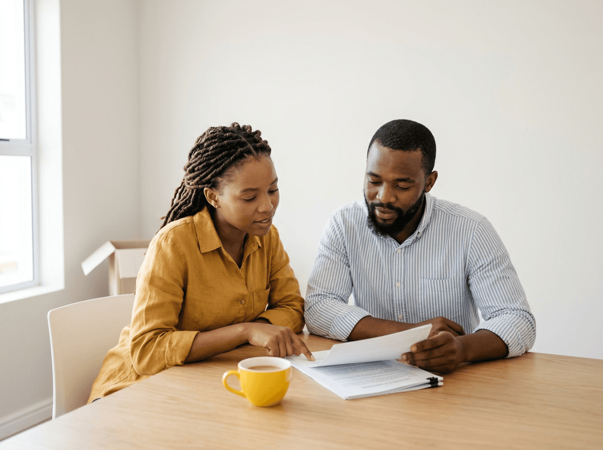 South African unmarried couple reviewing a co-ownership agreement for their new home