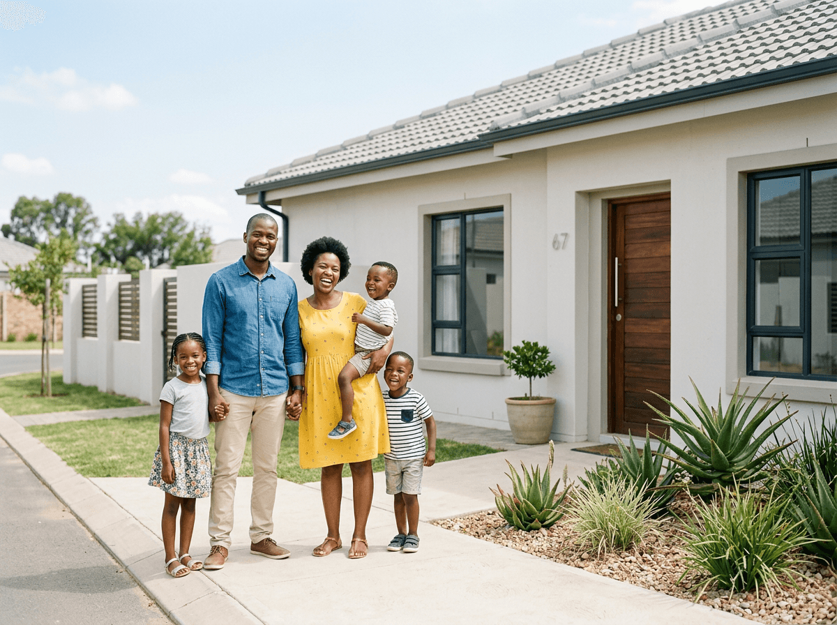 Family standing outside their new home in Cosmo City, Randburg