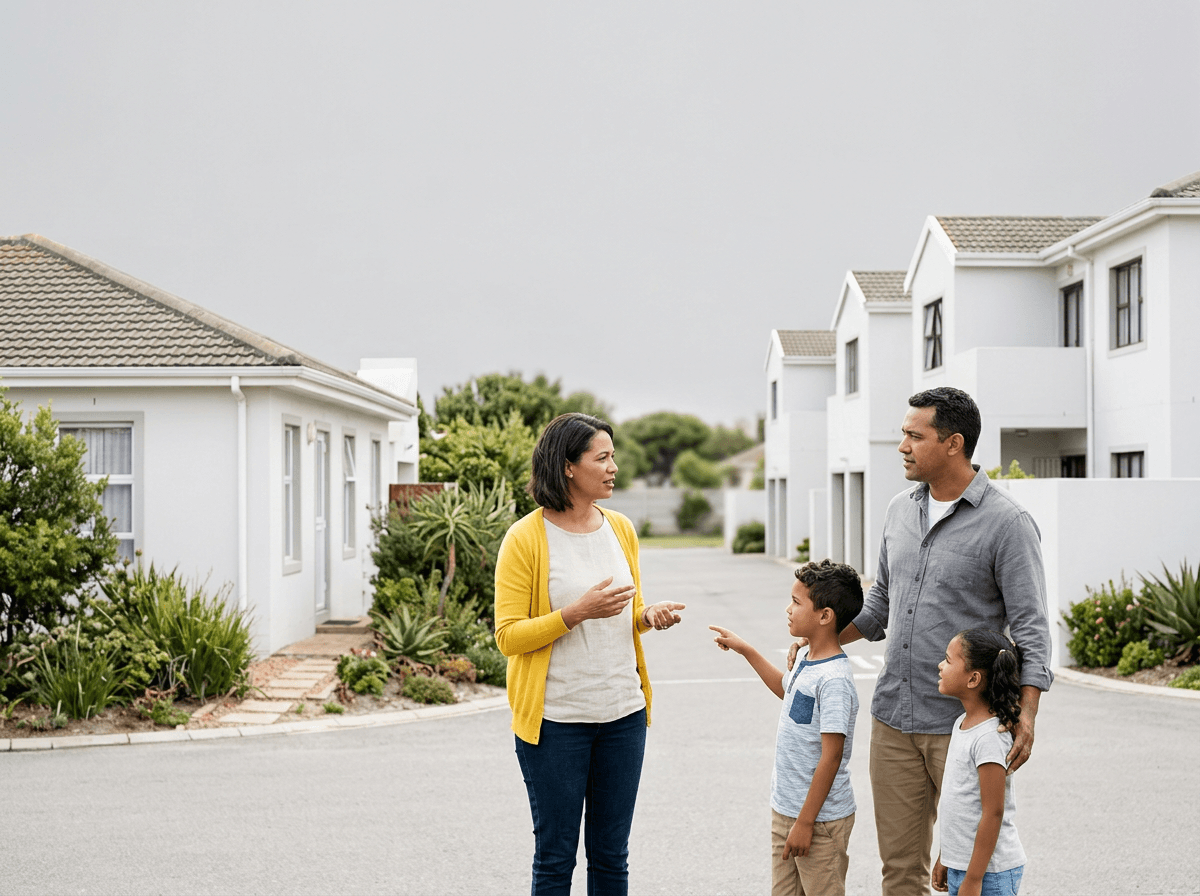South African family standing outside their freehold home comparing it to a sectional title complex
