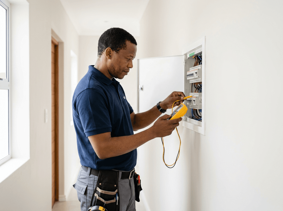 South African home inspector checking the electrical distribution board before a house sale