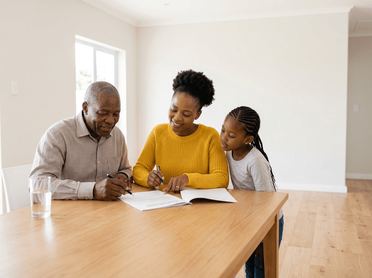 South African family reviewing a rent-to-buy lease agreement for their future home